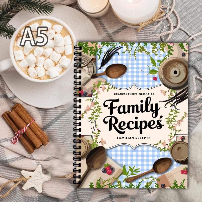 Home Cooking Cookbook - A5 Receptenboek, Blauw Raster, Wijnrankenontwerp, het